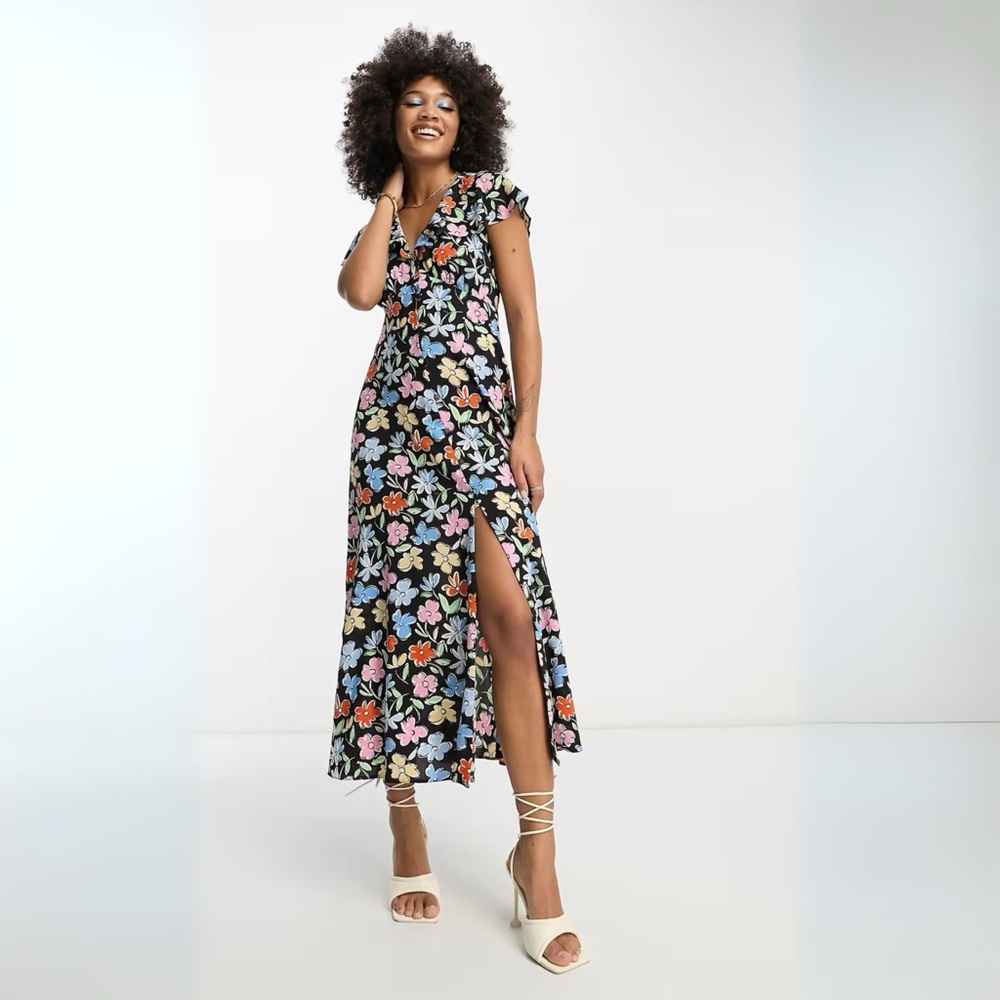 ASOS multi floral flutter sleeve midi tea dress.